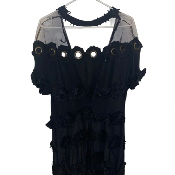 Free People Mini Dress Black Crepe Appliqué Grommet Mesh Neckline - Picture 9 of 14